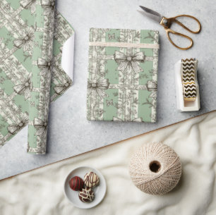 French Green Christmas Toile Bow Patterned Wrapping Paper