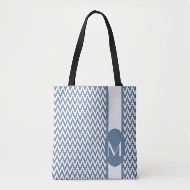 French Grey Elegant Chevron Design with monogram Tote Bag (Front)