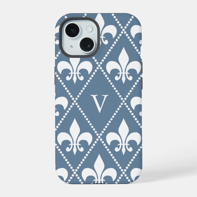 French Grey Fleur de Lis w/ monogram iPhone 15 Case (Back)
