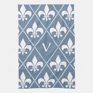 French Grey Fleur de Lis with monogram initial Kitchen Towel