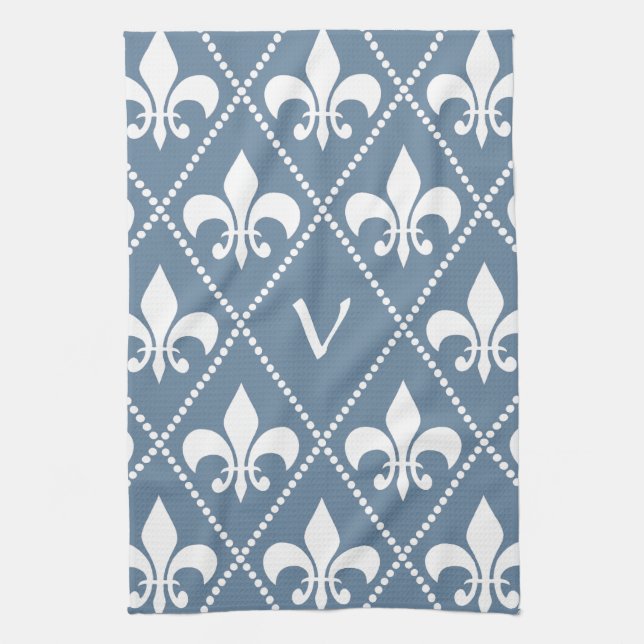 French Grey Fleur de Lis with monogram initial Kitchen Towel (Vertical)