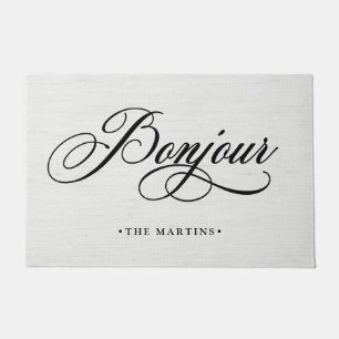 French Grey Linen Look Script   Bonjour Doormat