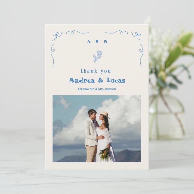 French Hand Drawn Bow Monogram Blue Photo Wedding Thank You Card (Standing Front)