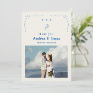 French Hand Drawn Bow Monogram Blue Photo Wedding Thank You Card