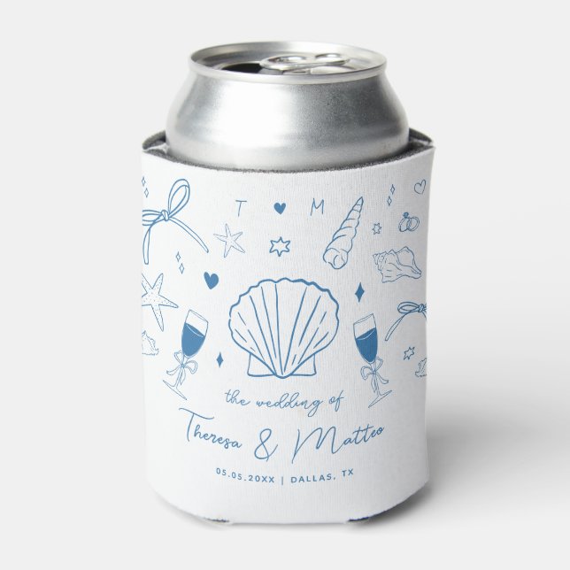 French Hand Drawn Nautical Coastal Wedding Favour Can Cooler (Can Front)