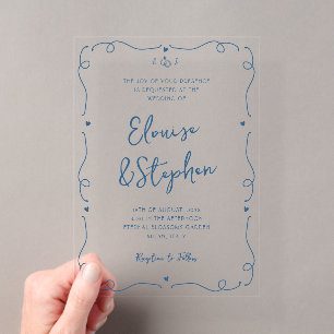 French Hand Drawn Whimsical Doodle Frame Wedding Acrylic Invitations
