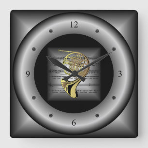 French Horn ~ 3D Sheet Music ~ Pillow Silver/Black Square Wall Clock