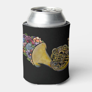 French Horn Band Music Floral Art                  Can Cooler