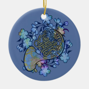 French Horn Blue Flowers Band Class Ceramic Ornament