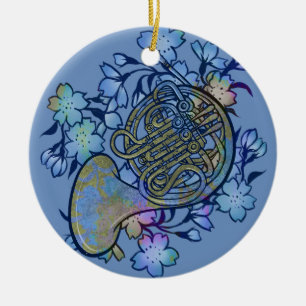 French Horn Blue Flowers Band Class Ceramic Ornament