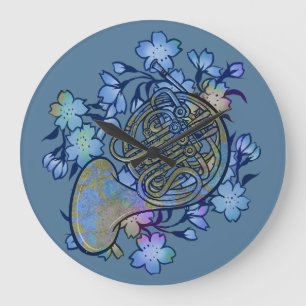 French Horn Blue Flowers Band Class Large Clock