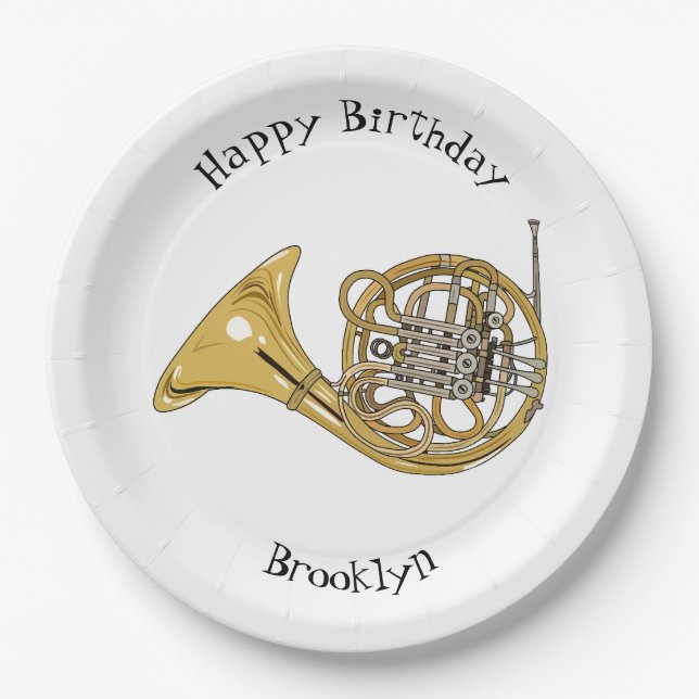 French horn cartoon illustration paper plate (Front)