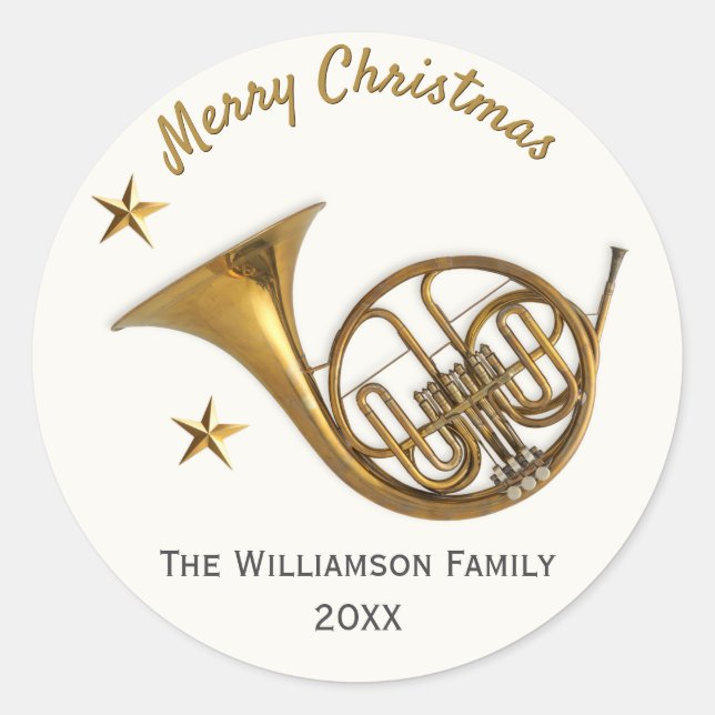 French Horn Merry Christmas Music Personalized Classic Round Sticker (Front)