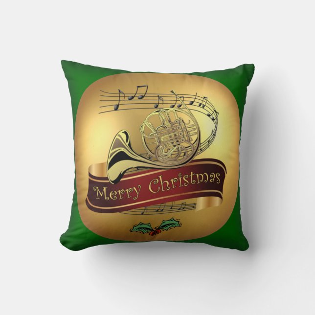 French Horn ~ Merry Christmas & Musical Scroll ~  Throw Pillow (Front)