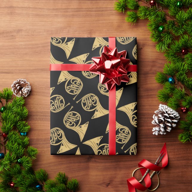 French Horn Musical Instrument Drawing on Black Wrapping Paper (Holiday Gift)