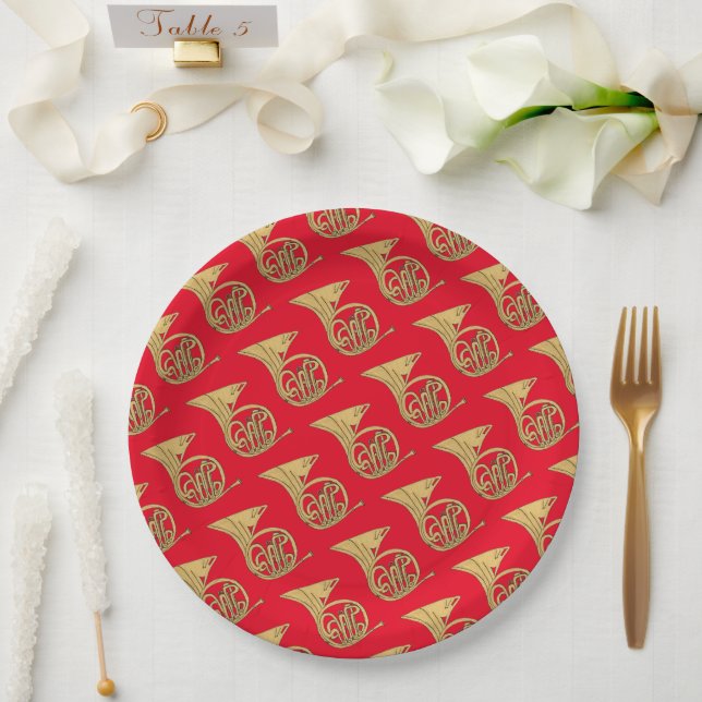 French Horn Musical Instrument Drawing on Red Paper Plate (Wedding)