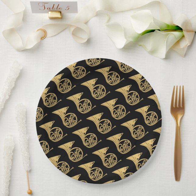 French Horn Musical Instrument Drawing Pattern Pap Paper Plate (Wedding)