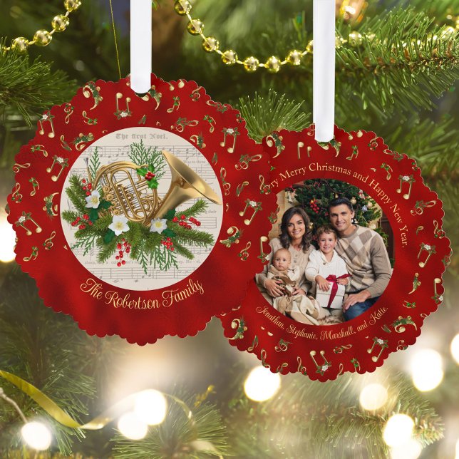 French Horn Musical Red Christmas Photo Ornament Card (Creator Uploaded)