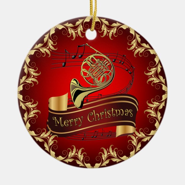 French Horn ~ Musical Scroll ~ Merry Christmas ~  Ceramic Ornament (Front)