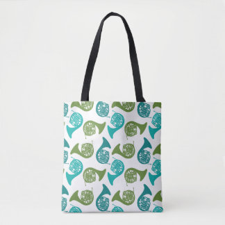 French Horn Player Blue Green Music Pattern Tote Bag