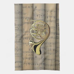French Horn ~ Rolled Sheet Music Back ~ Musical Kitchen Towel