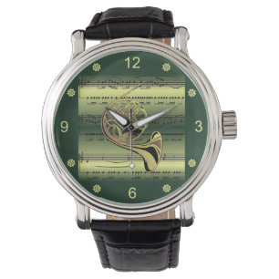 French Horn~Rolled Sheet Music~Gold/Green Back Watch