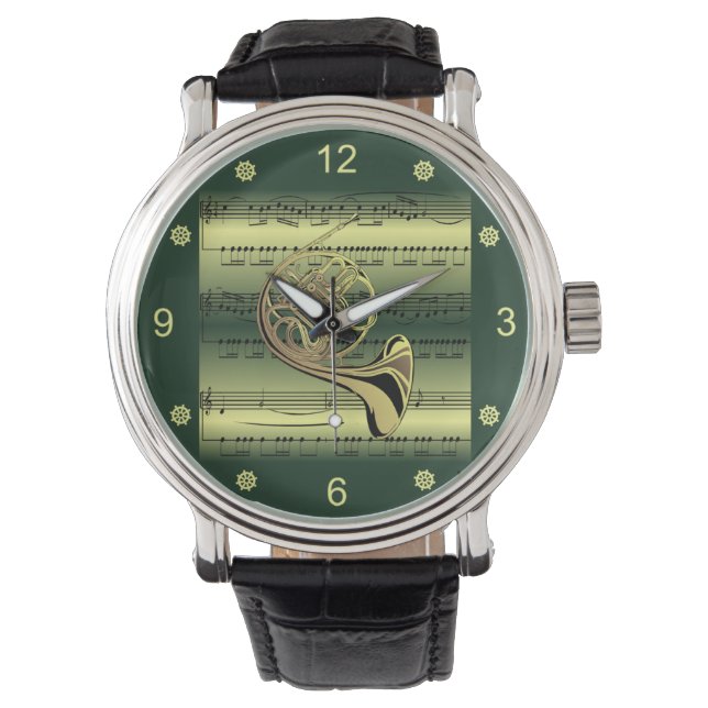 French Horn~Rolled Sheet Music~Gold/Green Back  Watch (Front)