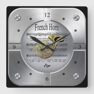 French Horn ~Sheet Music ~ Brushed Silver Color ~ Square Wall Clock