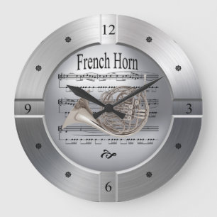 French Horn ~ Sheet Music ~ Brushed Silver Colour  Large Clock
