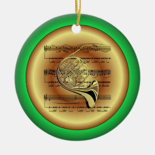French Horn~Sheet Music~Red/Green/Gold~Christmas~ Ceramic Ornament