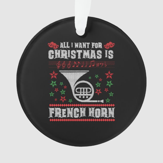 French Horn Ugly Christmas Sweater Shirt Ornament (Front)