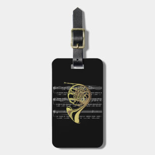 French Horn w/Sheet Music ~ Black Background Luggage Tag