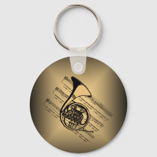 French Horn With Sheet Music Background Keychain