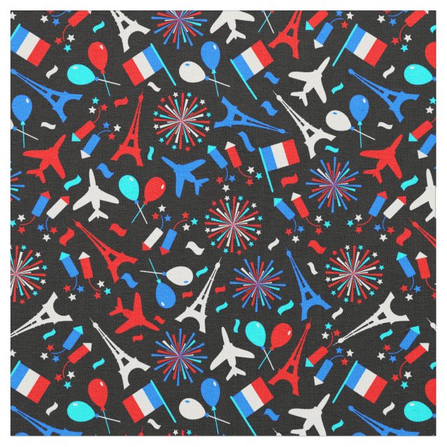 French Icons on Black background Fabric (Close Up)