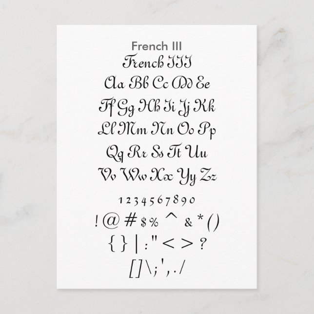 French III - Zazzle Font Sampler Sheet Postcard (Front)