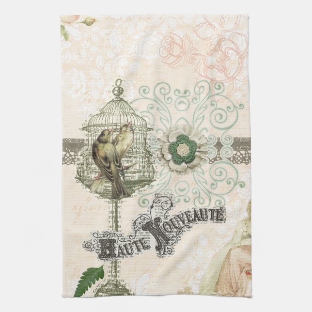 French Inspired Shabby Chic Bird Cage Kitchen Towel (Vertical)