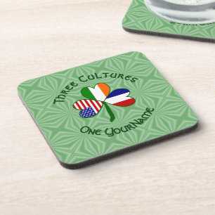 French Irish American Flags Shamrock Your Name Coaster