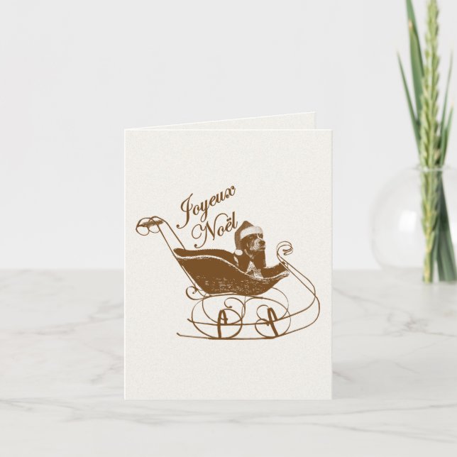 French Joyeux Noel Basset Hound Dog Sleigh X'mas Holiday Card (Front)