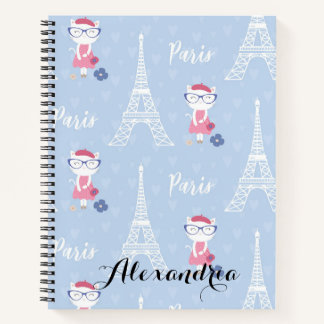 French Kitty Cat in Paris Blue Pattern Notebook