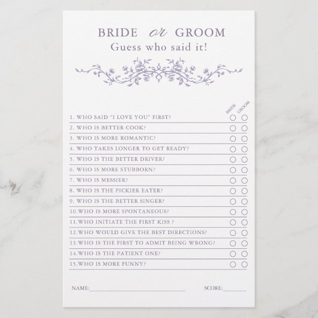 French Lavender 'Bride or Groom' Bridal Game  (Front)