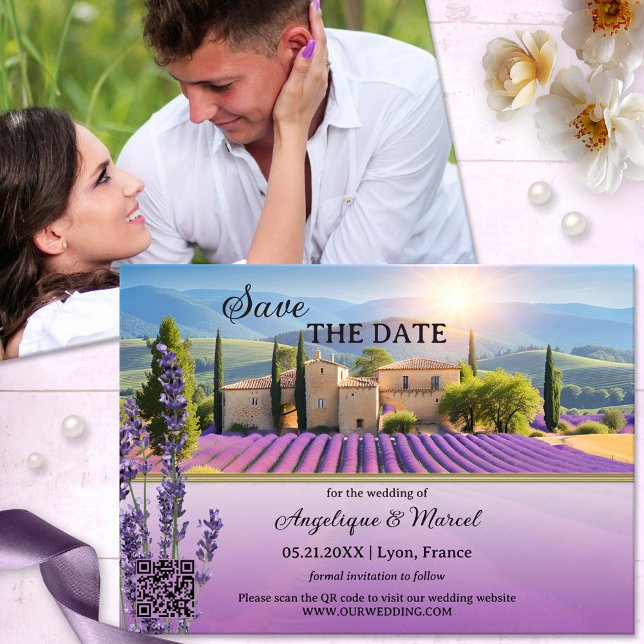 French Lavender Country QR Save the Date Card (Romantic Wedding Save the Date Card featuring a painting of lavender farm at sunset and your photo)