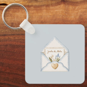French Light Blue Cream Envelope Heart Floral Keychain