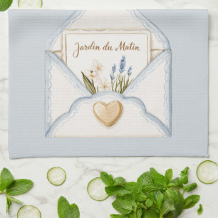 French Light Blue Cream Envelope Heart Floral Kitchen Towel