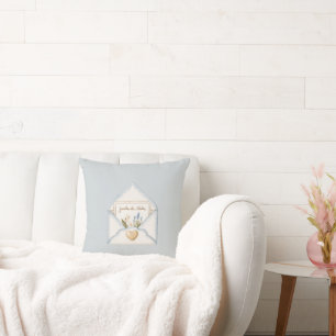 French Light Blue Cream Envelope Heart Floral Throw Pillow