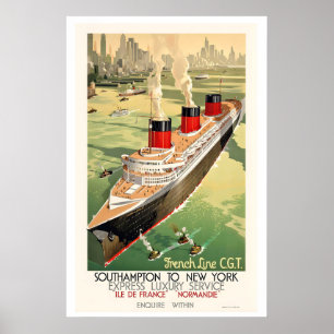 French Line CGT Southampton to New York Express Poster