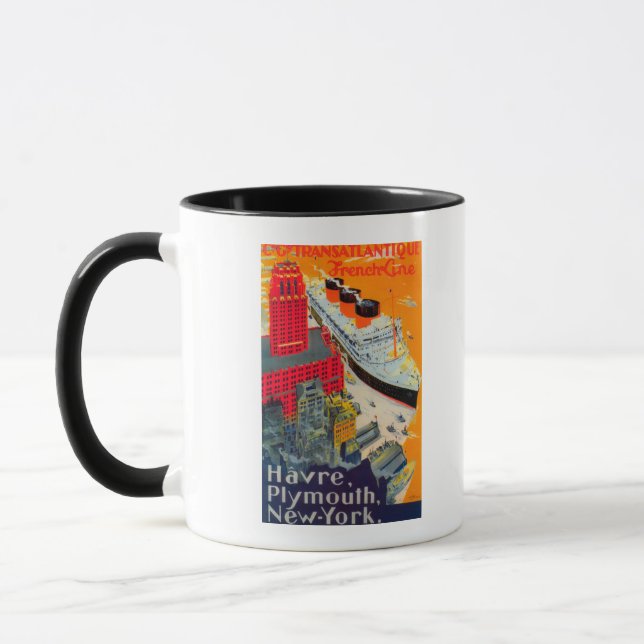 French Line Travel Poster, Havre to Plymouth, NY Mug (Left)