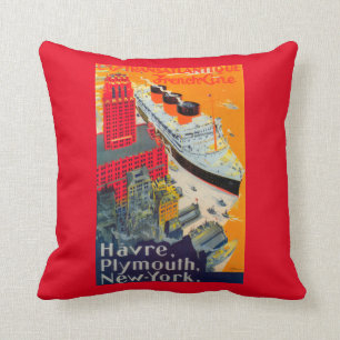 French Line Travel Poster, Havre to Plymouth, NY Throw Pillow