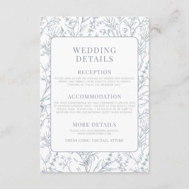 French luxury blue floral wedding details cards (Front)