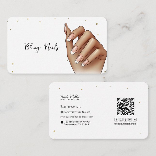 French Manicure Hand Gold Glitter Bling Nail Tech Business Card (Front/Back)