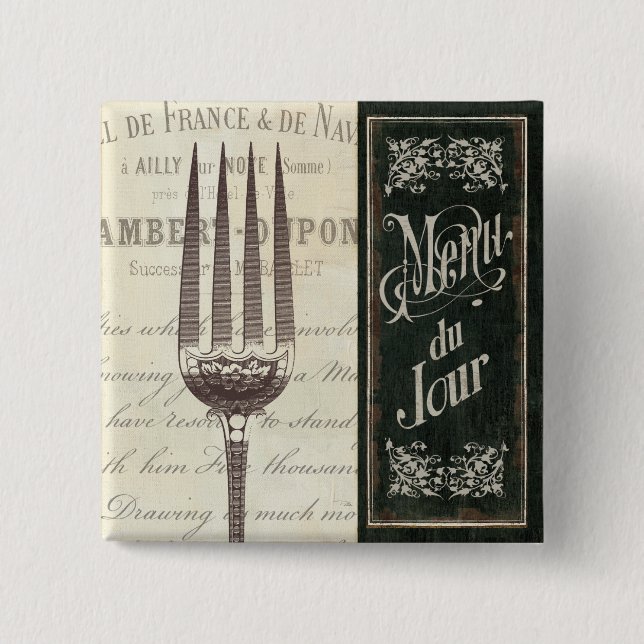 French Menu and Fork 2 Inch Square Button (Front)